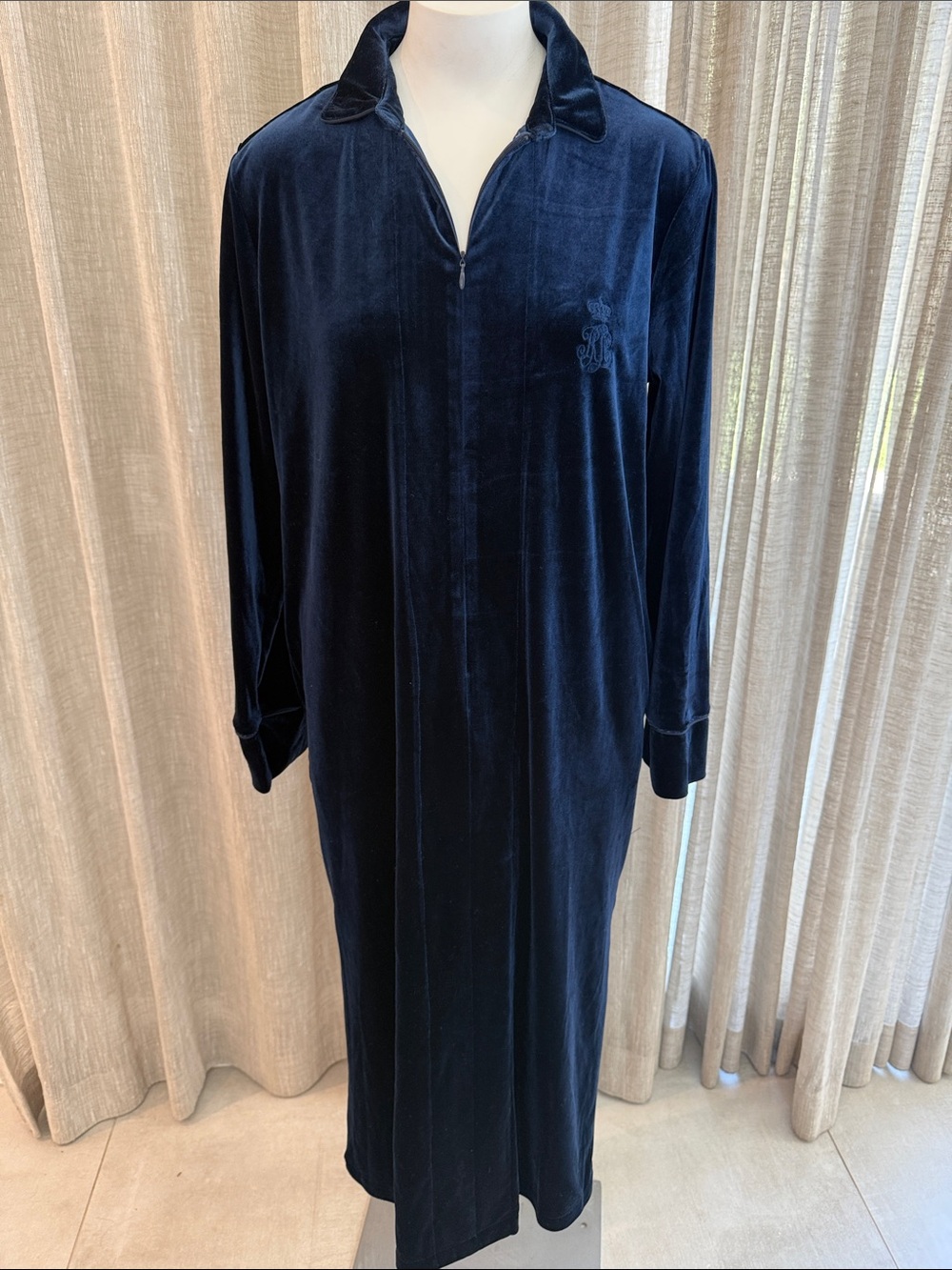 Lauren Ralph Lauren Navy Velvet Long Zip-Front House Dress Sz S